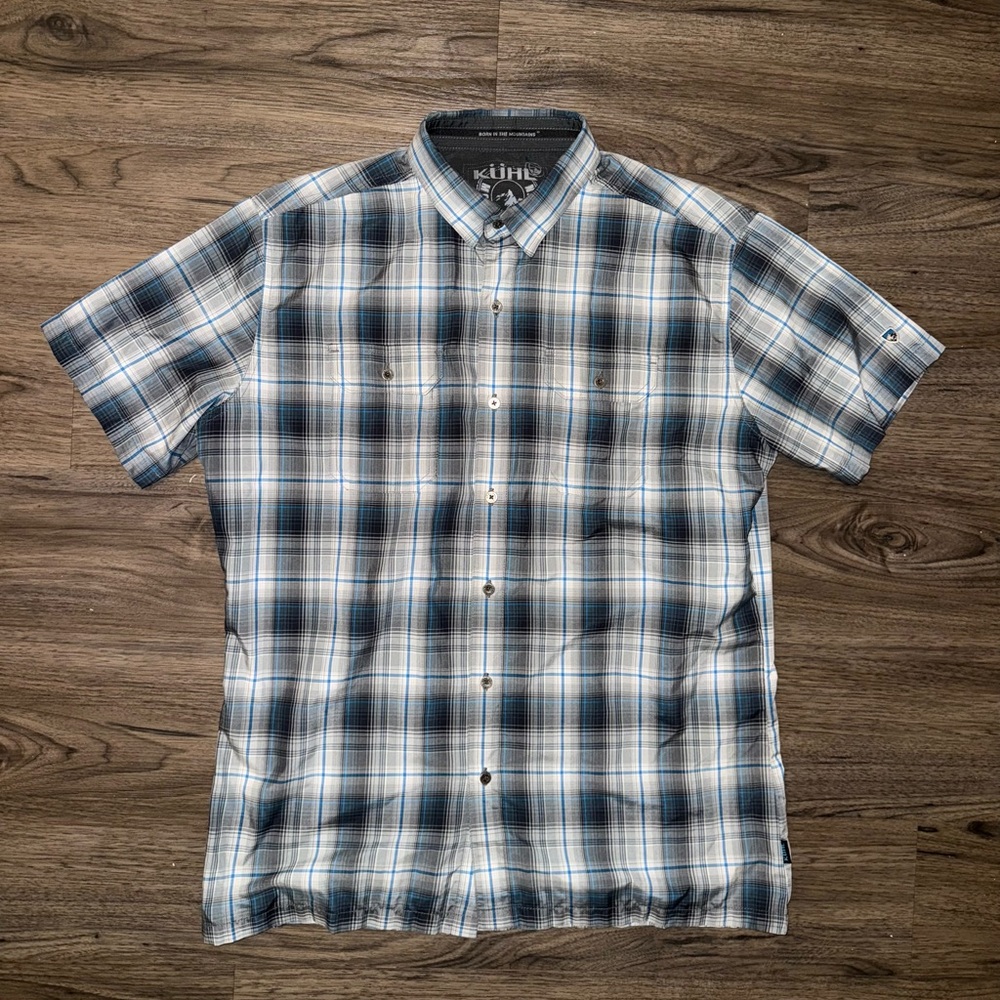 KUHL Eluxur Light Blue Plaid Polyester Double Pocket Snap Up Shirt Mens MEDIUM